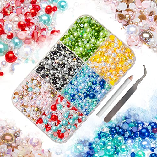 Kimshiny 120G Mixed Color Craft Rhinestones Kit, Round Shape Flat Back Nail Art Pearls Size 2-10Mm With Resin Jelly Rhinestones For Tumblers Nail Charms Face Gems With Wax Pen Tweezers Brush #TOP26