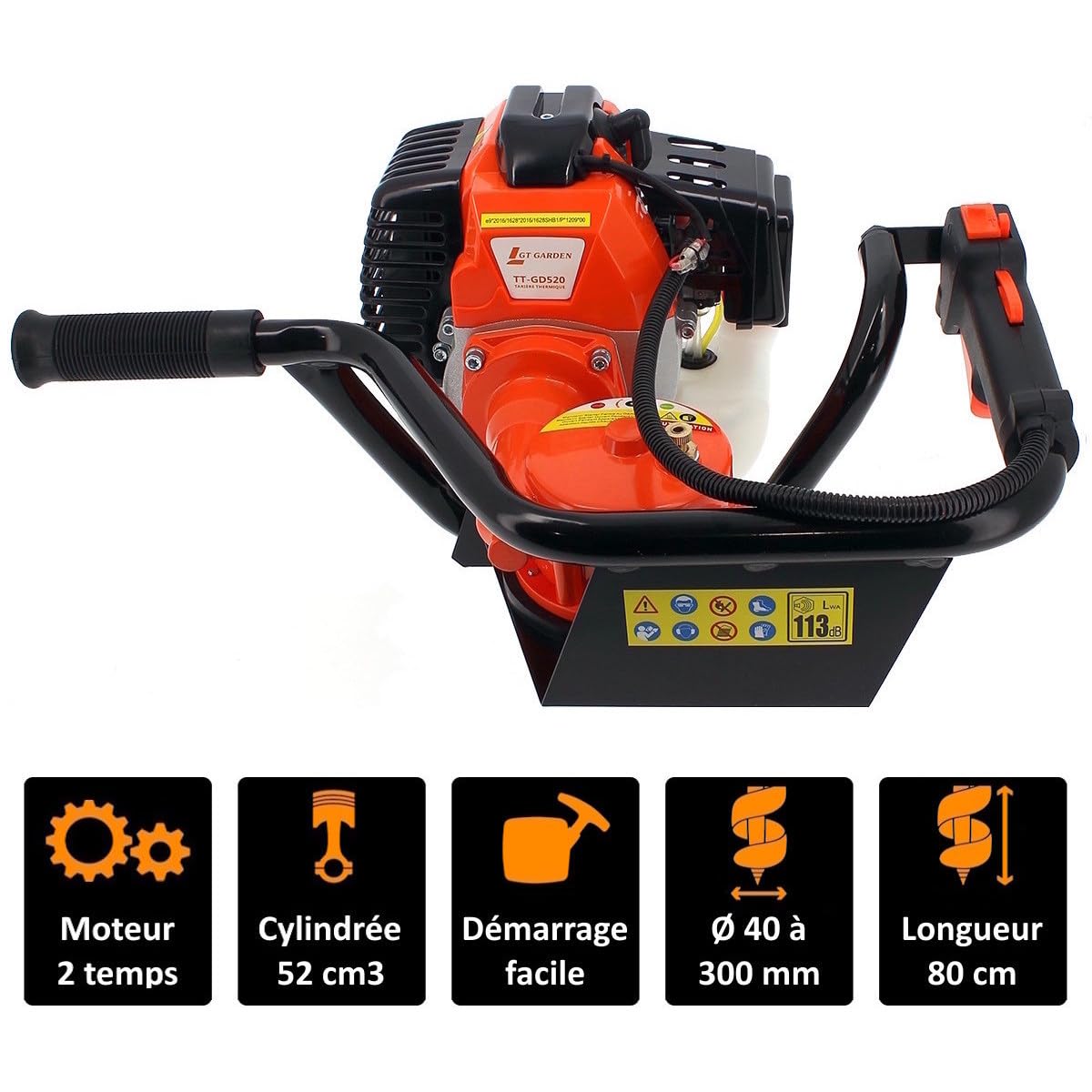 GT Garden Tarière Thermique 52 cm3-3 CV + Lot de 3 mèches (100, 200 et 300 mm)