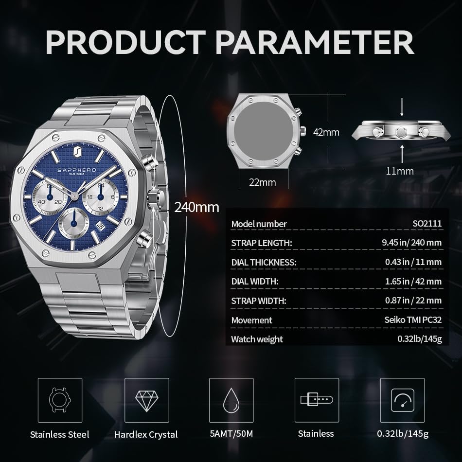 SAPPHERO Mens Watches Luxury 50M Waterproof Men's Wrist Watch Business Date Sport time Fashion Stainless Steel Strap Watches for Men - Image 5