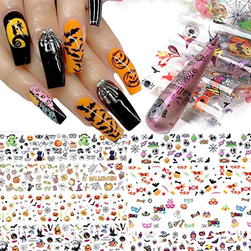 10 Sheets Halloween Nail Art Foil Transfer Stickers Day of The Dead Nail Foils Decals Pumpkin Spider Skull Ghost Witch Nail Art Design for Halloween Party Manicure Tips Acrylic Nails Decorations
