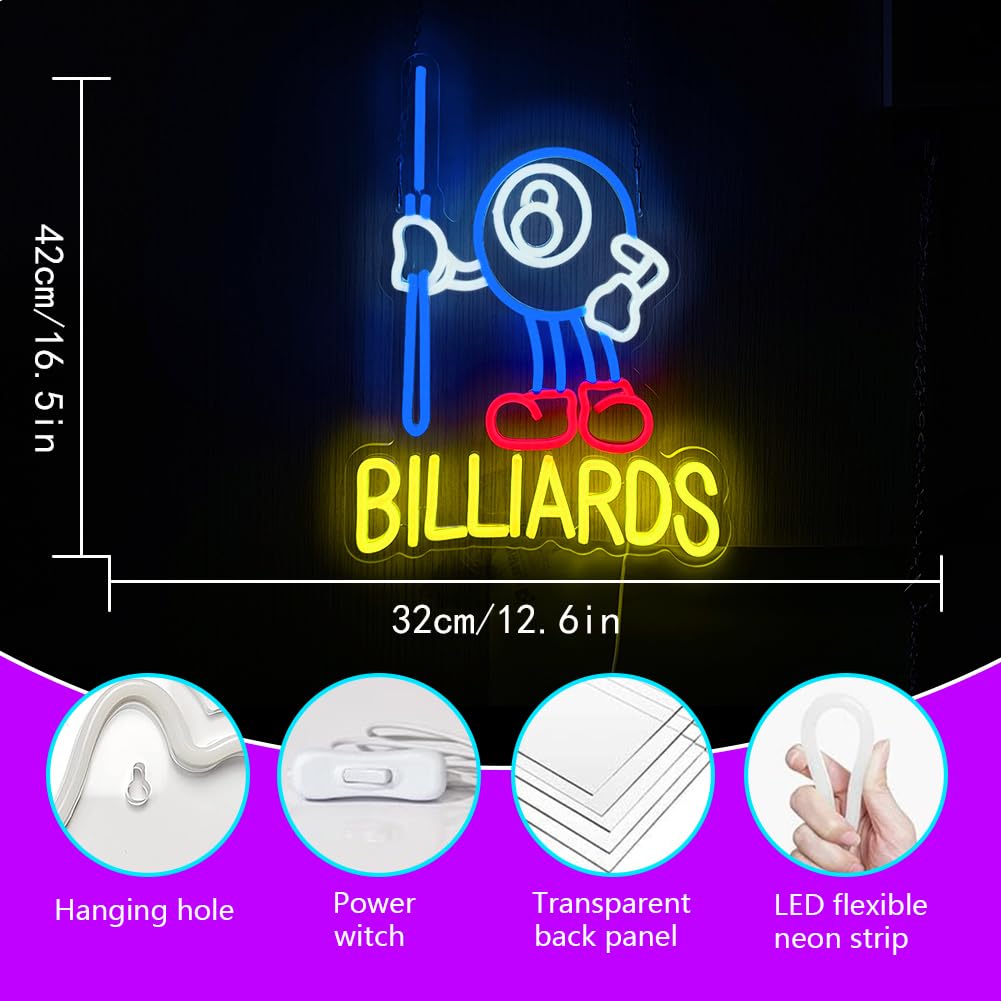 Billiards Neon LED Letreros de Neón Alimentado por USB con interruptor Adecuado para bares, fiestas, salas de billar, decoración de paredes, luces de neón