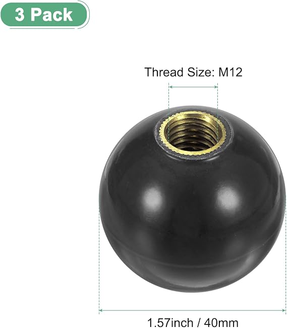 M METERXITY 3-Pack Threaded Ball Knobs, M12 Female Thread 40mm Dia. Thermoset Ball Knob for Lathe/Machine/Lawn Mowers, Round Phenolic Brass Insert Lever Handle [Black]