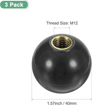 M METERXITY 3-Pack Threaded Ball Knobs, M12 Female Thread 40mm Dia. Thermoset Ball Knob for Lathe/Machine/Lawn Mowers, Round Phenolic Brass Insert Lever Handle [Black]