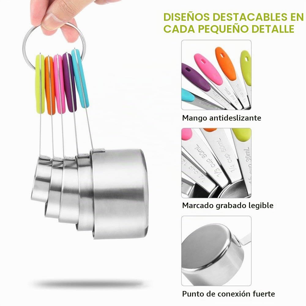 10 Tazas y cucharas medidoras de Acero Inoxidable, 5 Tazas y 5 cucharas de medición con 2 Anillas y Mango de Silicona (5 Tasses + 5 Cuillères)