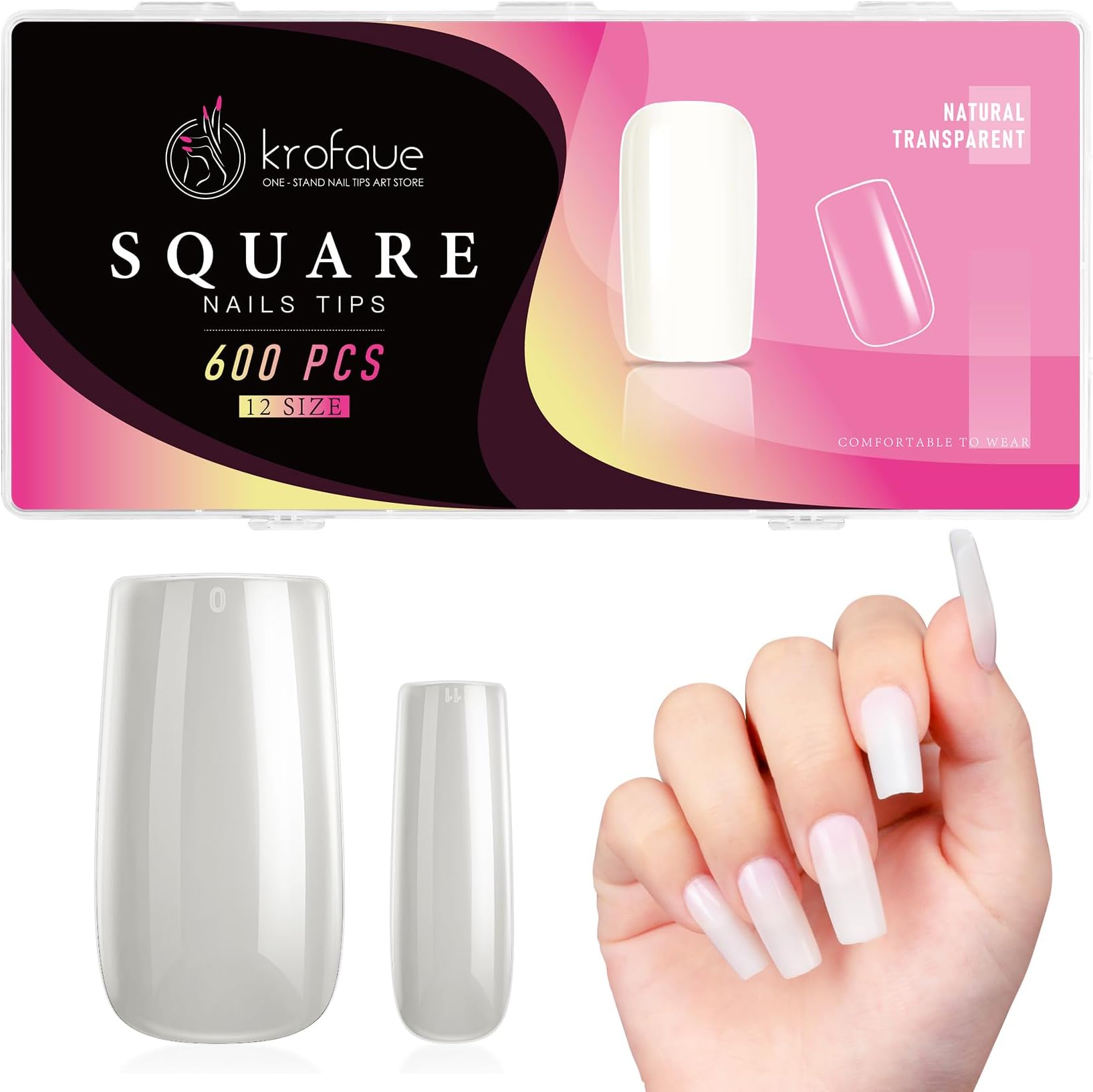 krofaue Square Nails Tips 600Pcs False Acrylic Fingernails Fake Full Cover French Artificial Nails Tip 12 Sizes Acrylic French Nail Tips with Box for Nail Tips Art Salons and Home DIY(Natural)