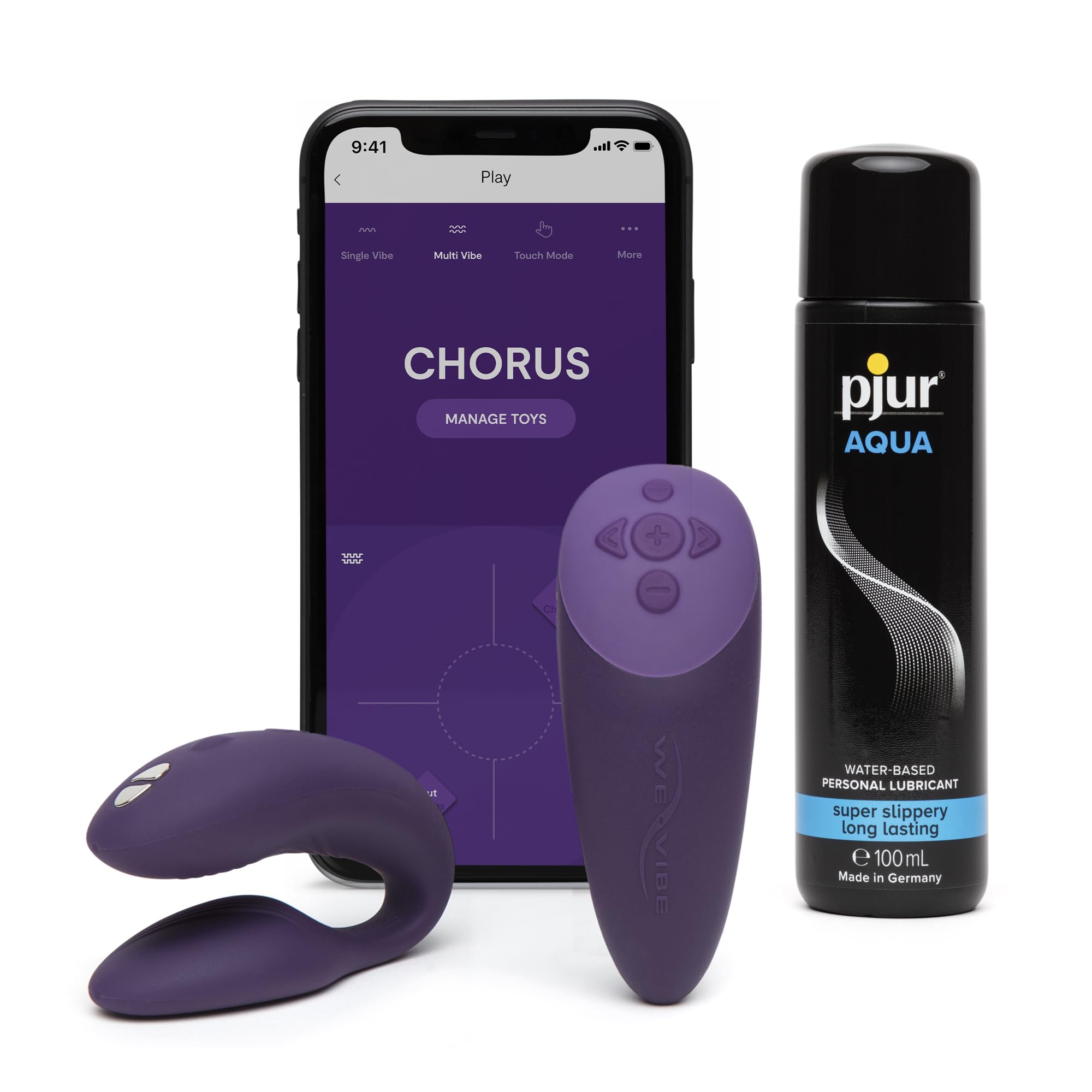 We-Vibe Chorus Remote Control Couples Vibrator Purple Personal Massager & Pjur Aqua Water Based Personal Lubricant 3.4 fl oz - Couples Sex Toys Bundle