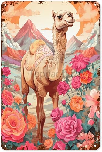 Letrero de metal retro con flores de camello vintage, decoración de pared, divertidos letreros de lata, decoración de bar, letrero de aluminio