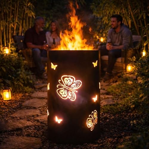 TiKo-Design® Feuertonne - Lagerfeuertonne - Feuerkorb mit Schmetterling Motiv – Verleihen Sie Ihrem Garten EIN besonderes Ambiente für unvergessliche Abende mit ihren Freunden