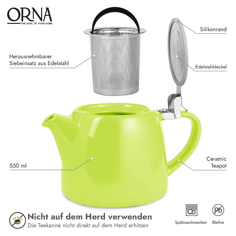 ORNA - Tetera de cerámica con filtro infusor y tapa, pequeña cafetera de porcelana para una o 2 personas, 550 ml, lima