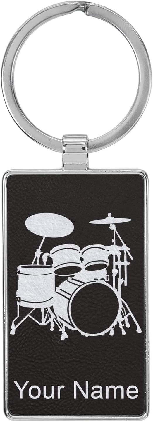 Rectangle Keychain, Drum Set, Personalized Engraving Included (Metal Frame)