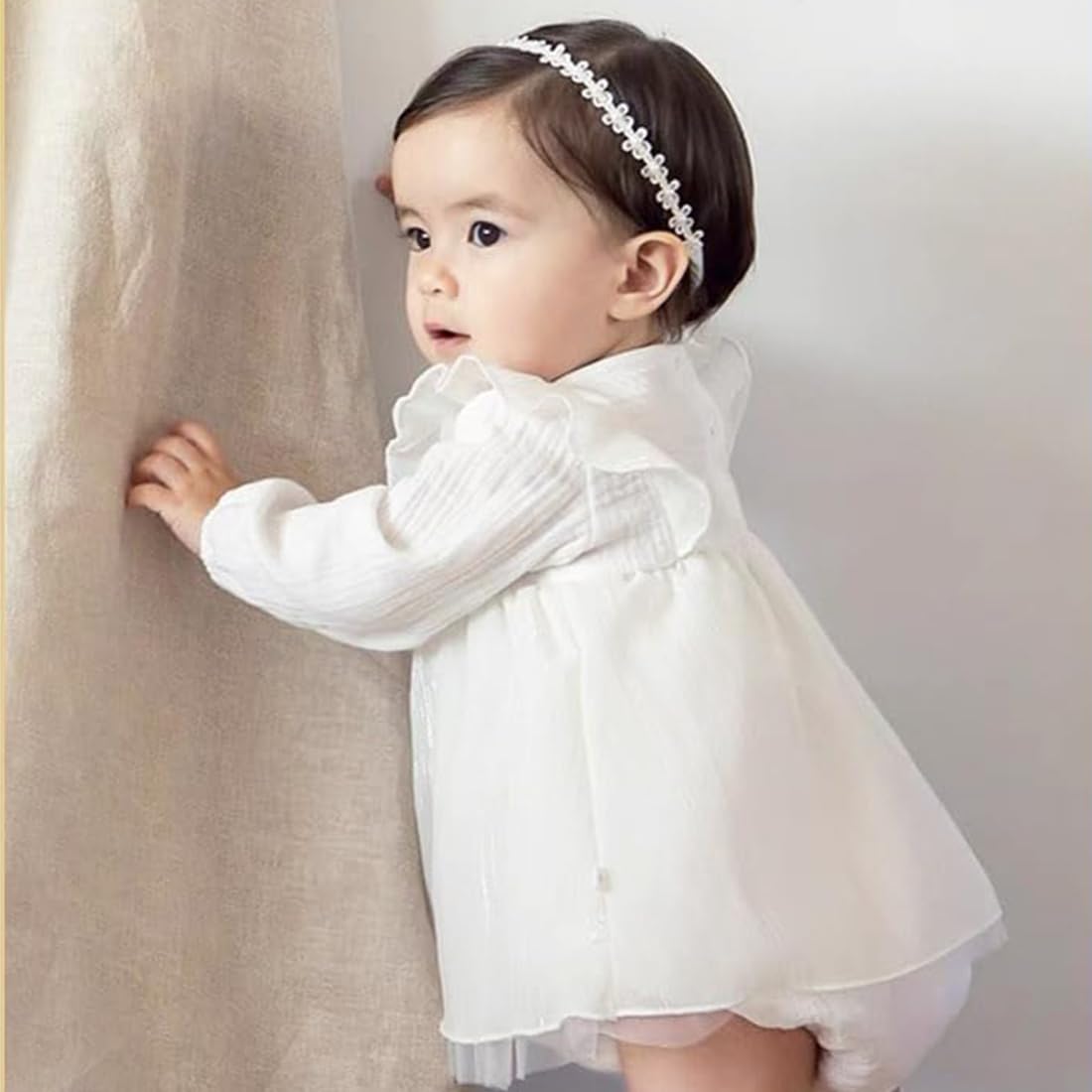 Bandeau blanc en perles pour bébé fille, bandeau de baptême élastique en nylon pour fille, 1 unité (Lot de 1)