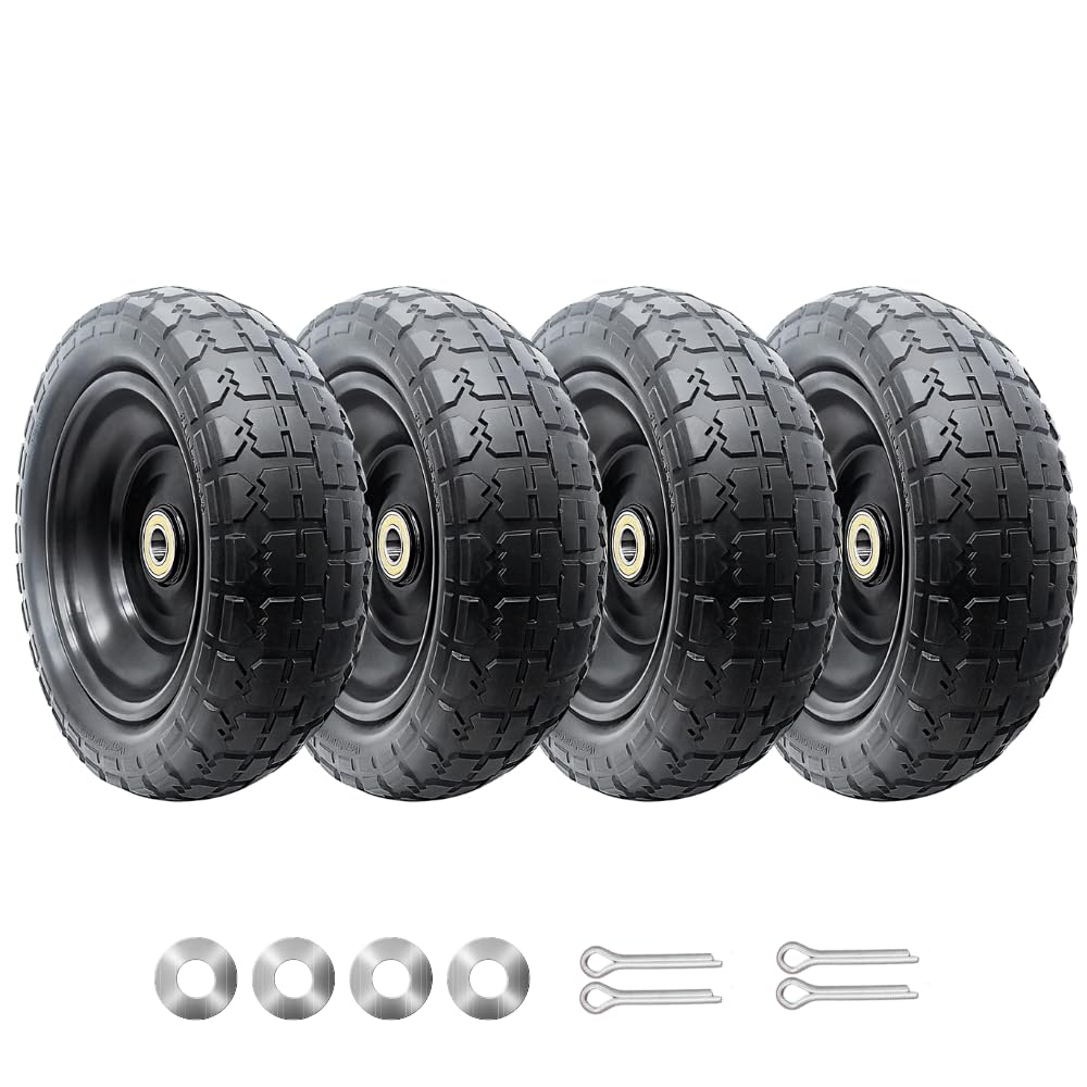 10-inch solid replacement tire and wheel 4.10/3.50-4" - flat free tires for cart, dolly, hand truck, generator, lawnmower, garden wagon with 5/8” axle bore hole - double sealed bearings (4)