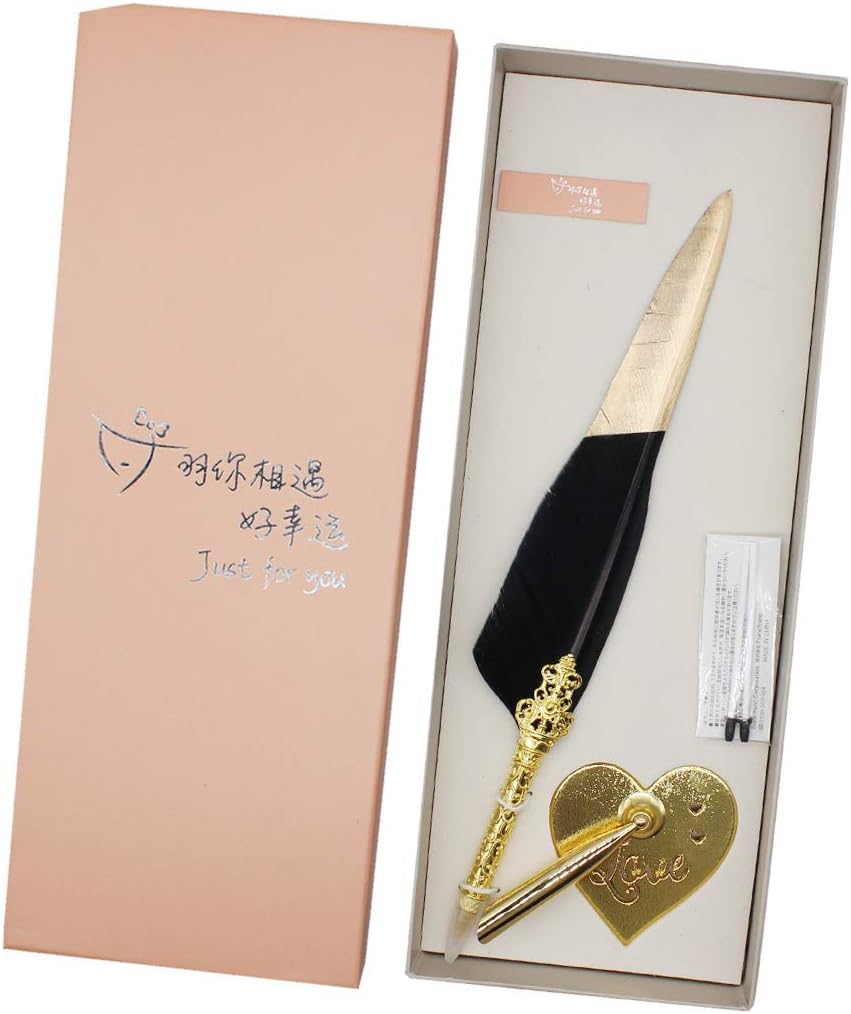 SIPLIV Feather Pen Rollerball Pen with Metal Heart-shape Base Holder Black Ink Ballpoint Quill Pen Add An Elegant Touch to Weddings - Image 3