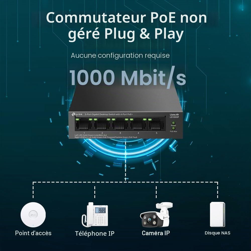 LiteWave LS105GP Commutateur non géré Gigabit Ethernet (10/100/1000) Alimentation via Ethernet (PoE) Noir