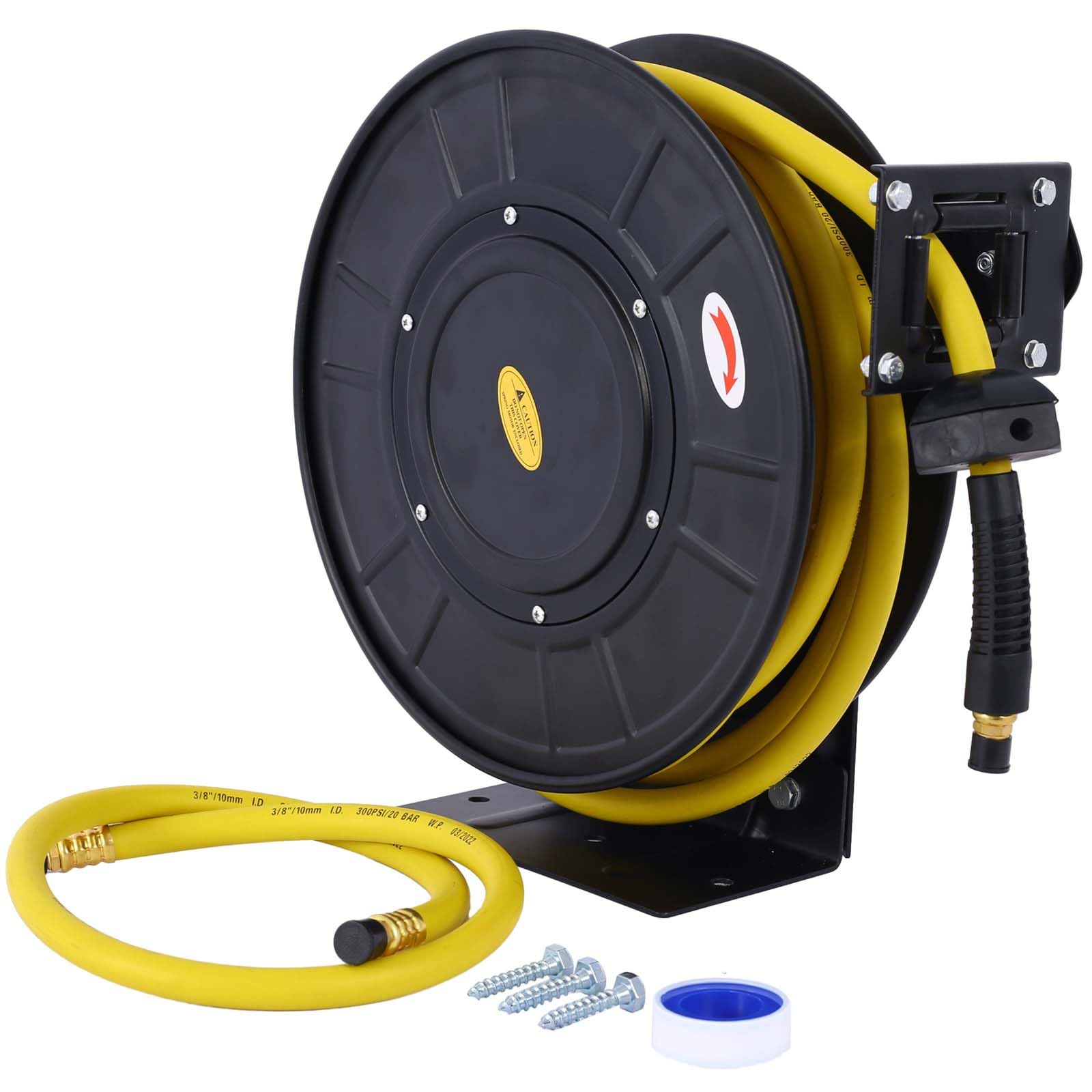 Retractable Air Hose Reel, 3/8 IN x 50 FT Hybrid Air Hose Max 300PSI, Air Compressor Hose Reel with 3 ft Lead in, Auto Rewind Reel, Ceiling/Wall Mount Heavy Duty Single Arm Steel Reel (01)