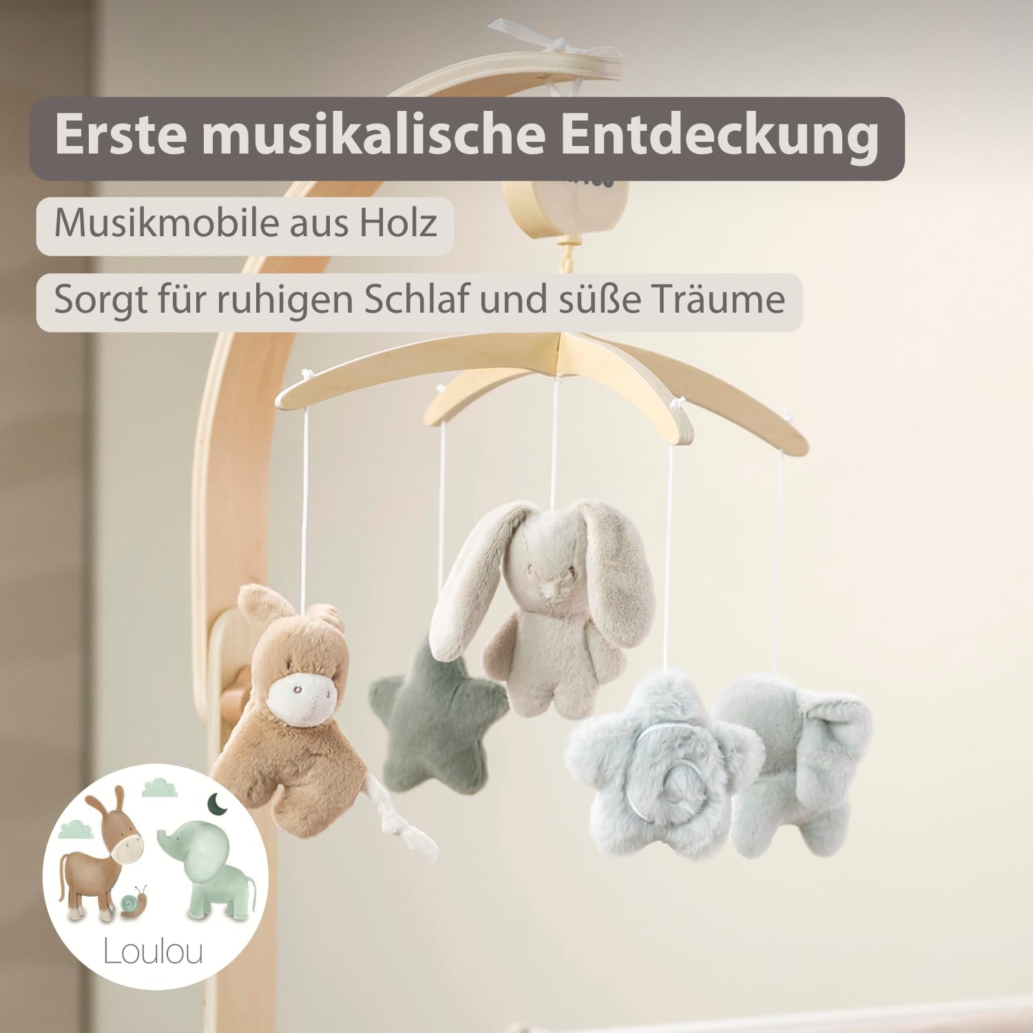 Nattou Loulou Holz-Baby-Musikmobile, Mobile Baby, Babygeschenk, Geschenk zur Geburt, 50 x 40 x 74 cm, Sanfte Farben