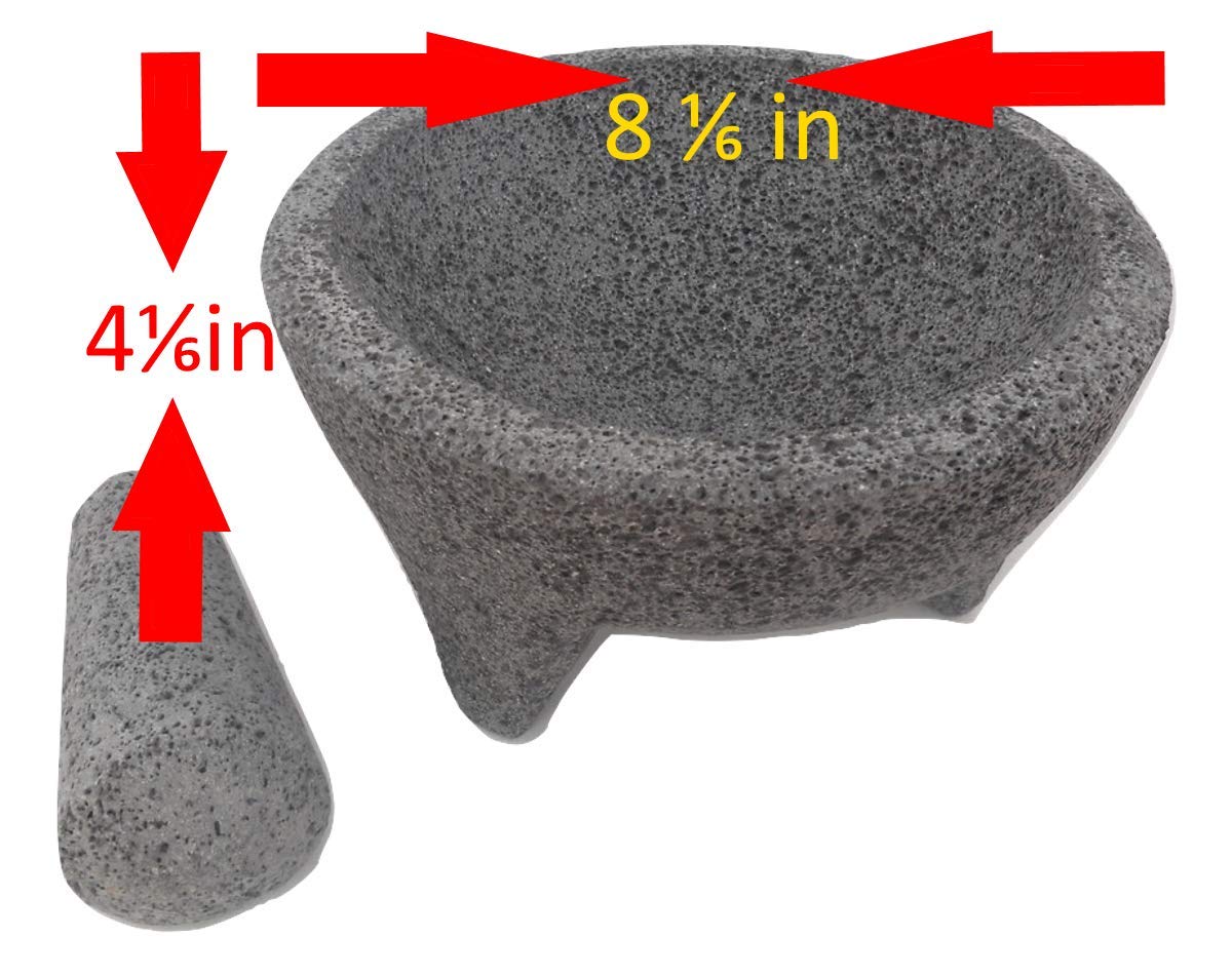 Authentic Mexican Molcajete Mortar and Pestle Set - 8 inch Premium Black Volcanic Stone Guacamole Bowl - Traditional Handmade Salsa Maker for Kitchen