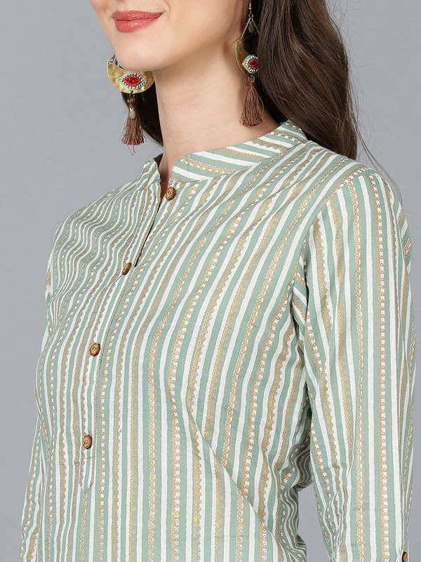 Image of Vaamsi Women's Cotton Striped Printed Kurta (VCK8769 Green)