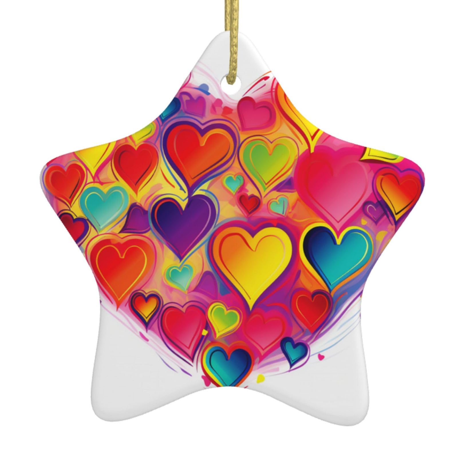 Ceramic Christmas Tree Hanging Ornaments with Gold Ropes Christmas Tree Decorations Star Ceramic Colourful Heart Pendant Keepsake Decorations for Holiday Xmas Gift Ideas