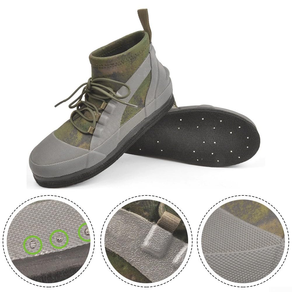 Zapatos de pesca antideslizantes con tacos de acero, suela de fieltro, parte superior de seguridad, puntera de goma, drenaje rápido, roca y humedales para hombres y mujeres, talla 6-12, color verde