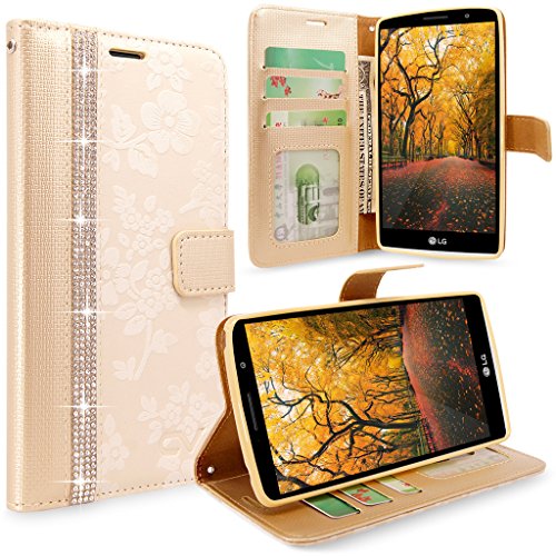 LG G4 Case, G4 Case, Cellularvilla [Stand Feature] Flower Texture Wallet Case [Diamond Jewel] Premium [Bling Luxury] Pu Leather Flip Cover [Card Slots] For LG G4 (Golden Bling)