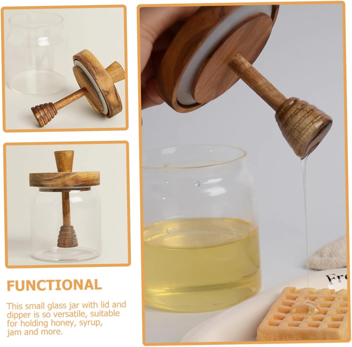 Glass Honey Storage Jar with Wooden Dipper and Acacia Lid Airtight Honey Pot Container for Kitchen Use Transparent Sealed Glass Jar and Syrup Dispenser