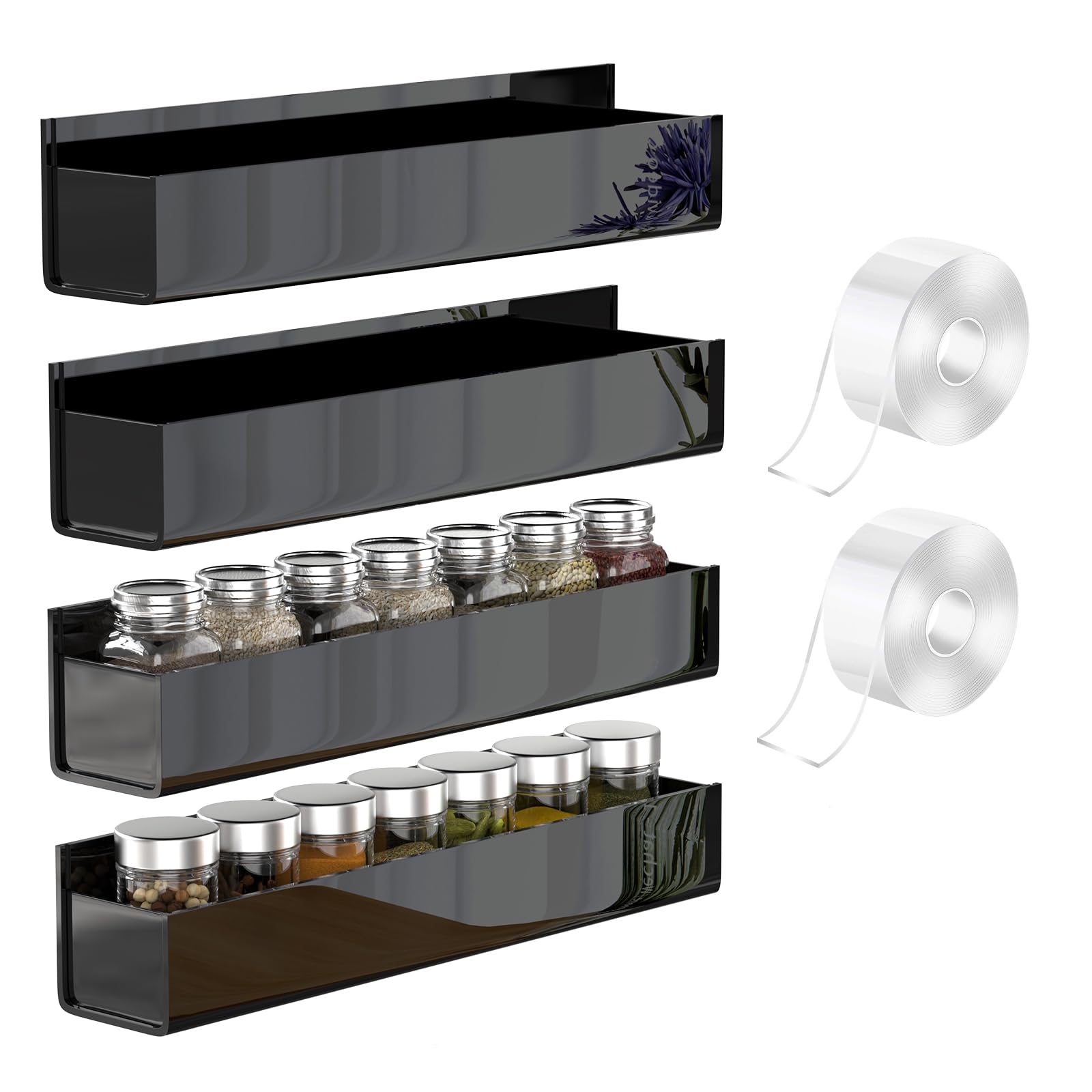 VAEHOLD 4 PACK Adhesive Acrylic Spice Rack with Nano Double Sided Tape Wall Mount Organizer (Black)