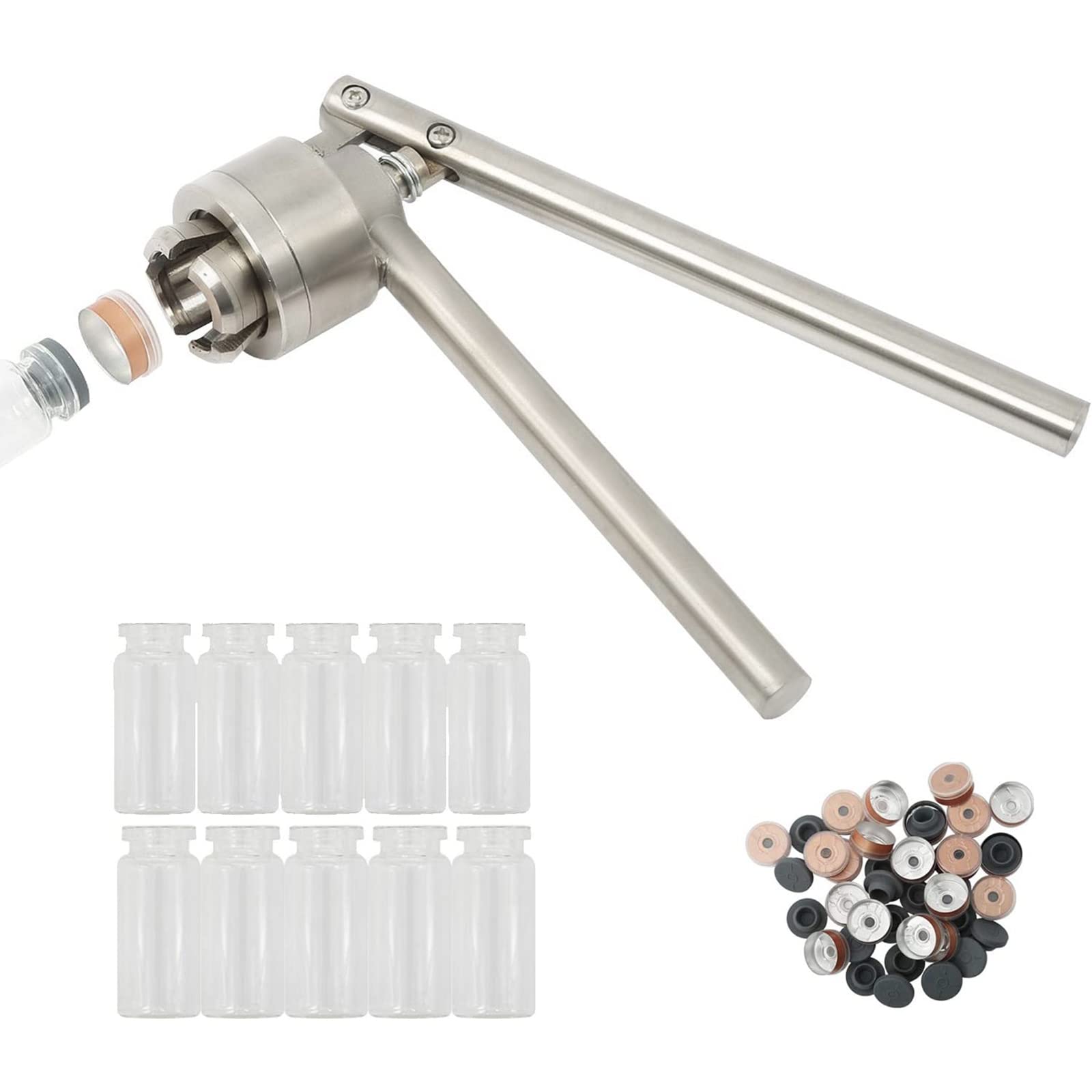 Photo 1 of HighFree 13mm Vial Crimper, Manual Sealer Hand Sealing Machine with 10 Set of 3ml Vials + Stopper + Caps, Handheld Vial Crimper for Crimping 13mm Diameter Plastic-Aluminum Flip Caps
