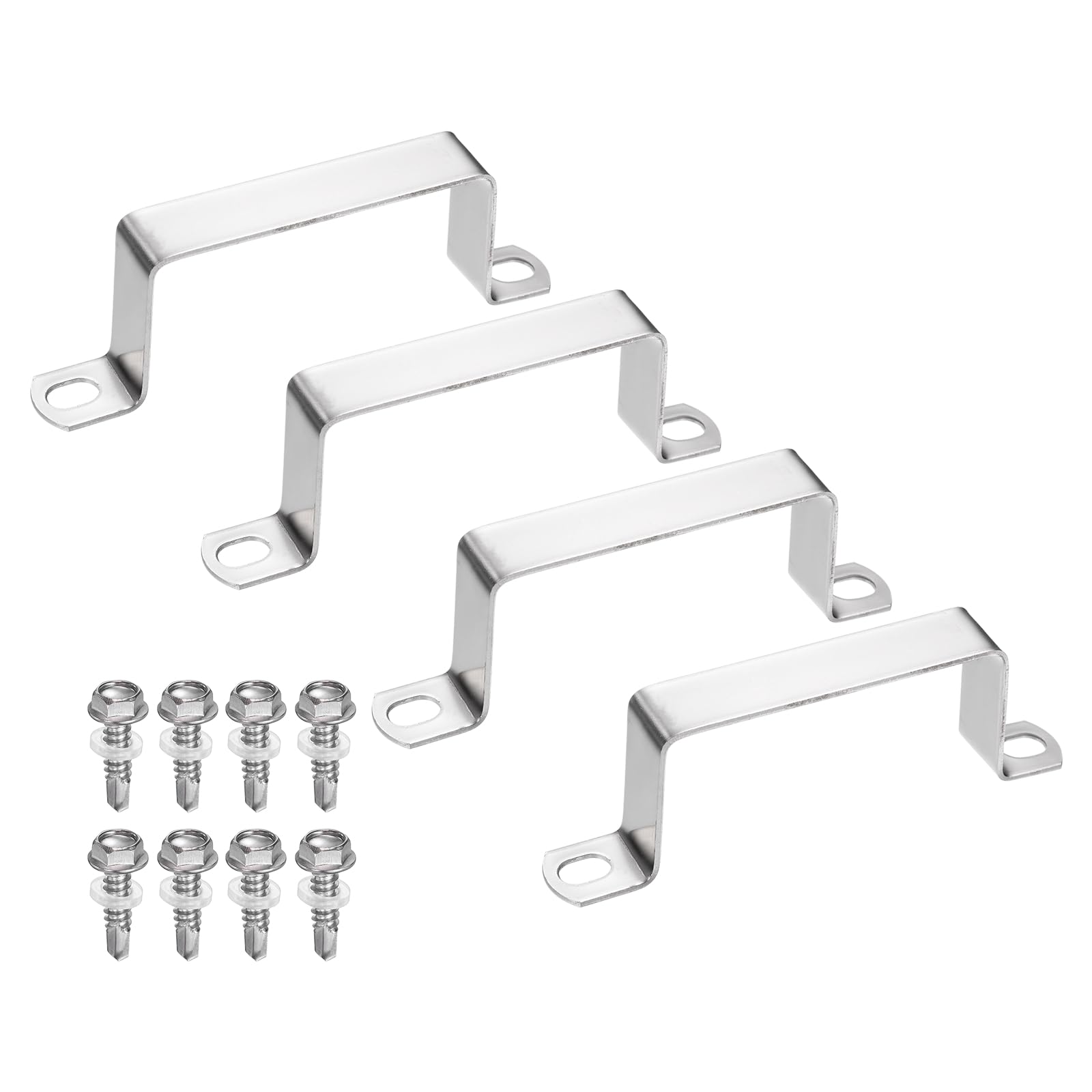 sourcing map 4set U Shaped Connector Bracket 80x40mm 304 Stainless Steel Square Pipe Clamp with Self Tapping Screw Square Tube Buckle for Pipe Hose Cable Automotive Parts, Silver