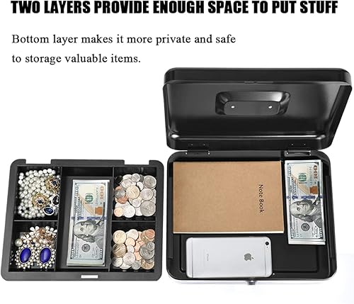 Miniatura 5 de Jssmst Caja grande con cerradura de llave, caja de metal duradera con bandeja para dinero, 11.81 x 9.84 x 3.46 pulgadas (XL, negro)