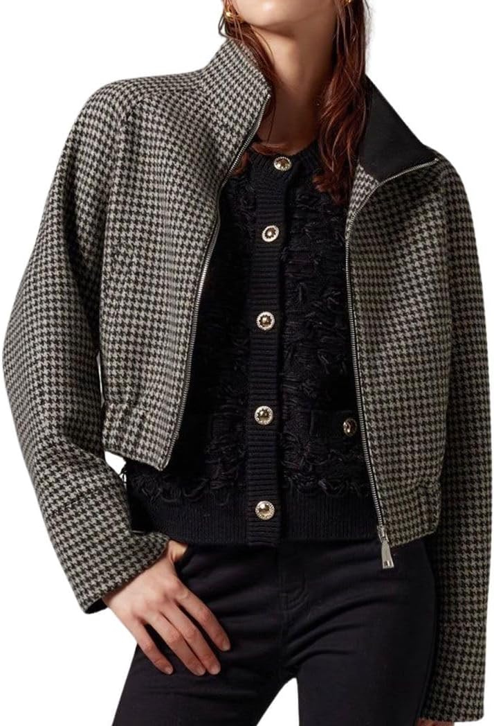 CHARTOU Women Cropped Wool Jacket Houndstooth Plaid Fall