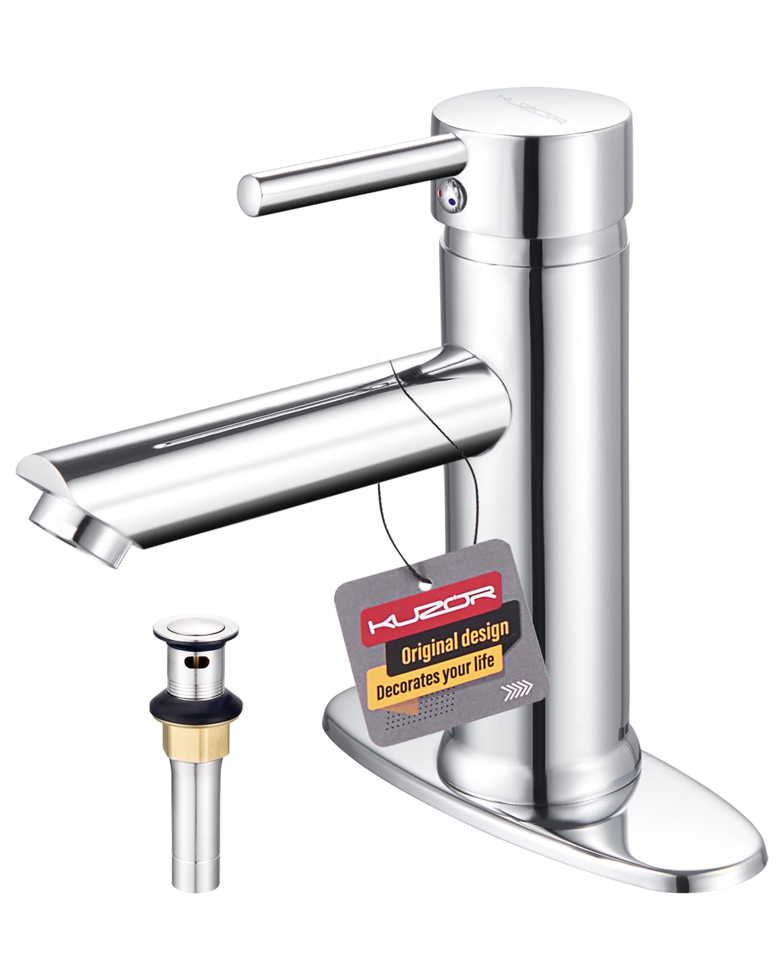 KUZOR 1PC Brass Bathroom Faucets 5-Minute Installation, Single Hole Bathroom Sink Faucet Easy to Handle - for Modern Bath/Vanity/RV - 3.79 Inch Spout High, 17.94 Oz Weight - Chrome