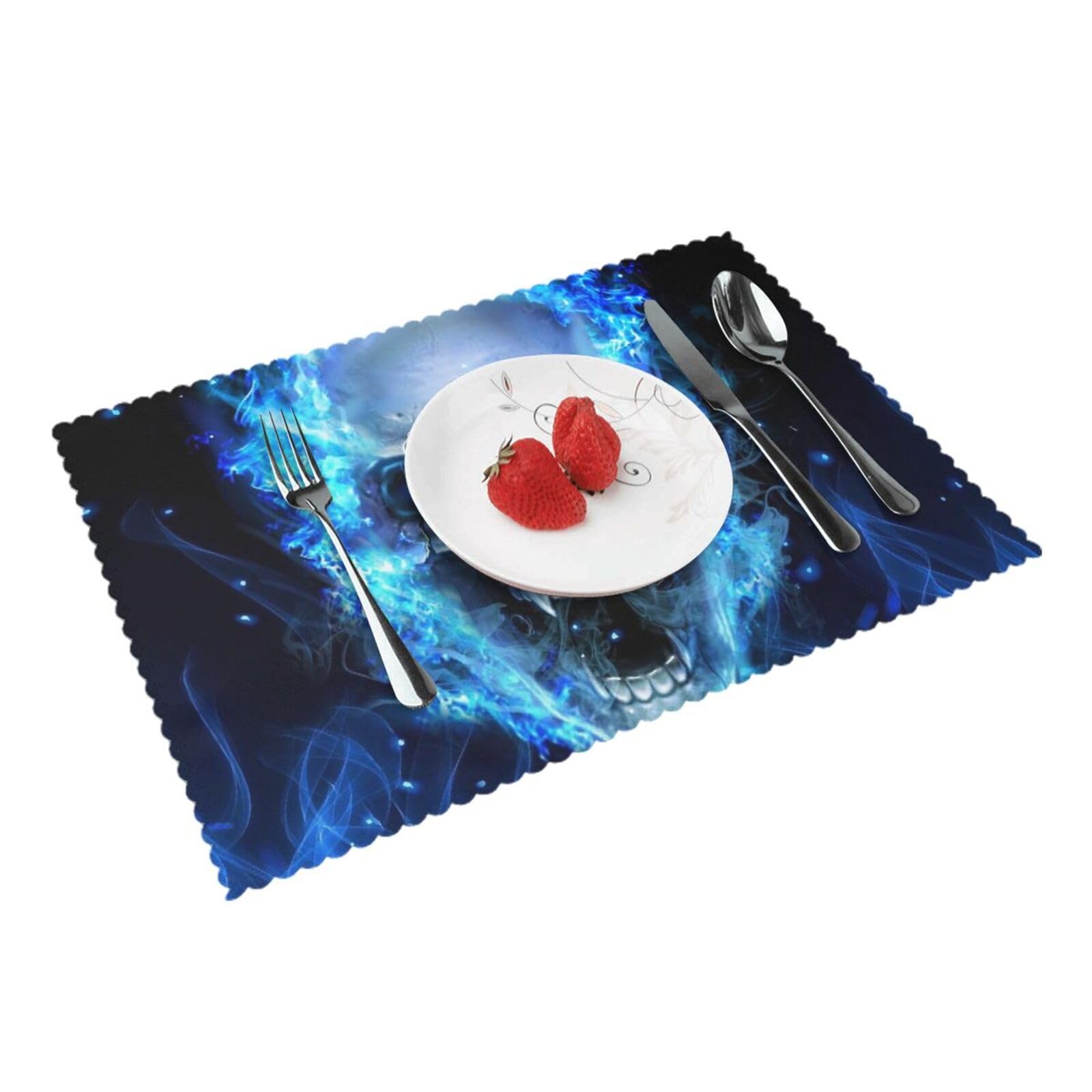 Bnvsadc 3D Print Blue Skull 4 Pcs Heat Resistant Placemat 45X30 Cm, Printed Non-Slip Place Mats For Kitchen Dining Table Indoor Outdoor