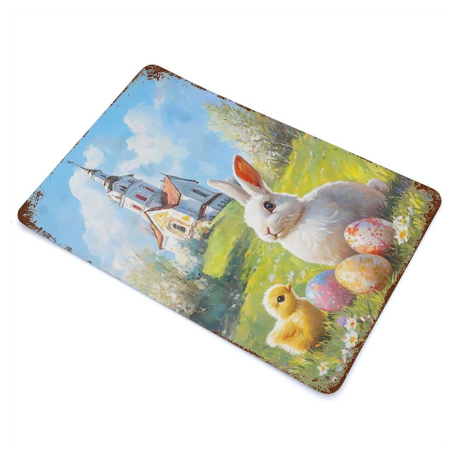 Rust Effect Easter Bunny And Chick Painting Rusty Metal Tin Sign 11.8"x7.9", Old School Wall Decor for Pub, Kitchen And Man Cave Decor