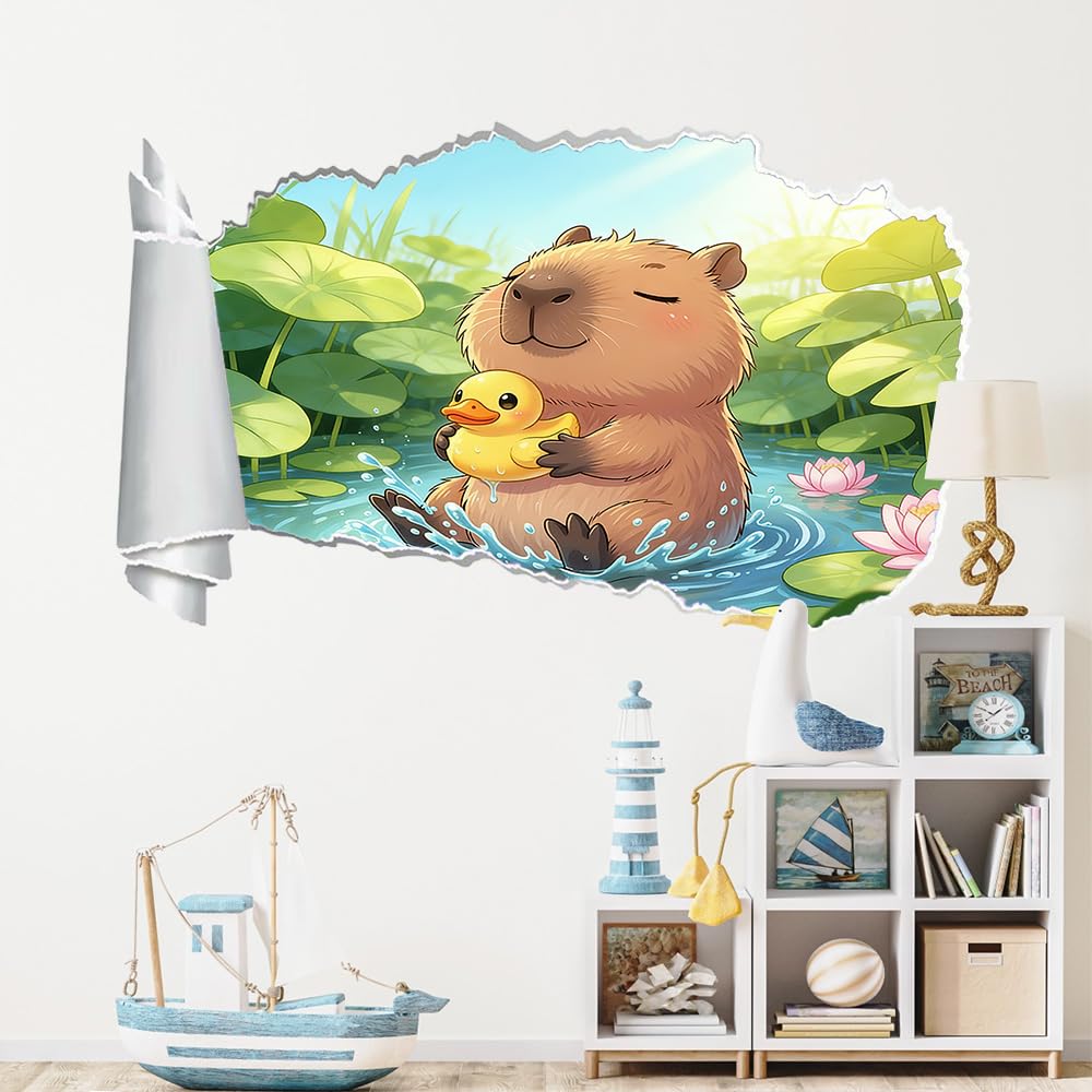 3D Wandtattoo Wanddurchbruch, Wasserschwein-Gummiente Durchbruch Wandaufkleber für Kinderzimmer, sticker für Wohnzimmer, Lotusblattsee Wandsticker, Wandbild Junge Mädchen Schlafzimmer