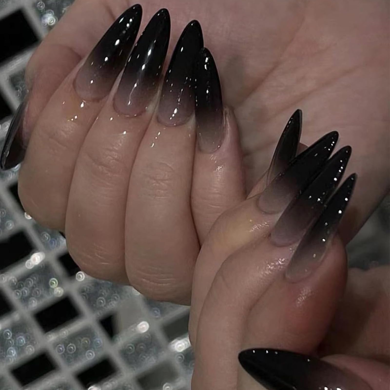 FJSMTOPl Black Press on Nails Almond Fake Nails Press ons Medium False Nails with Designs Ombre Black Acrylic Glue on Nails Halloween Stick on Nails for Women Nail Art Decoration 24Pcs