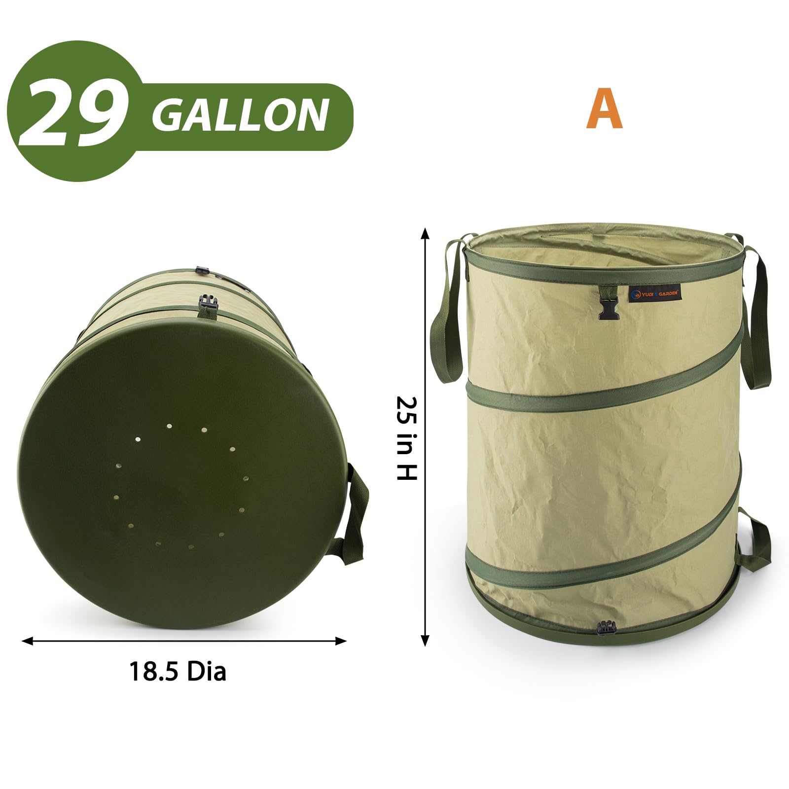 YUDI & GARDEN Pattumiera pieghevole con fondo rigido da 29 litri, borsa da giardino pieghevole, cestino da campeggio, verde, confezione da 2 per raccogliere erbacce o rifiuti da cortile e feste