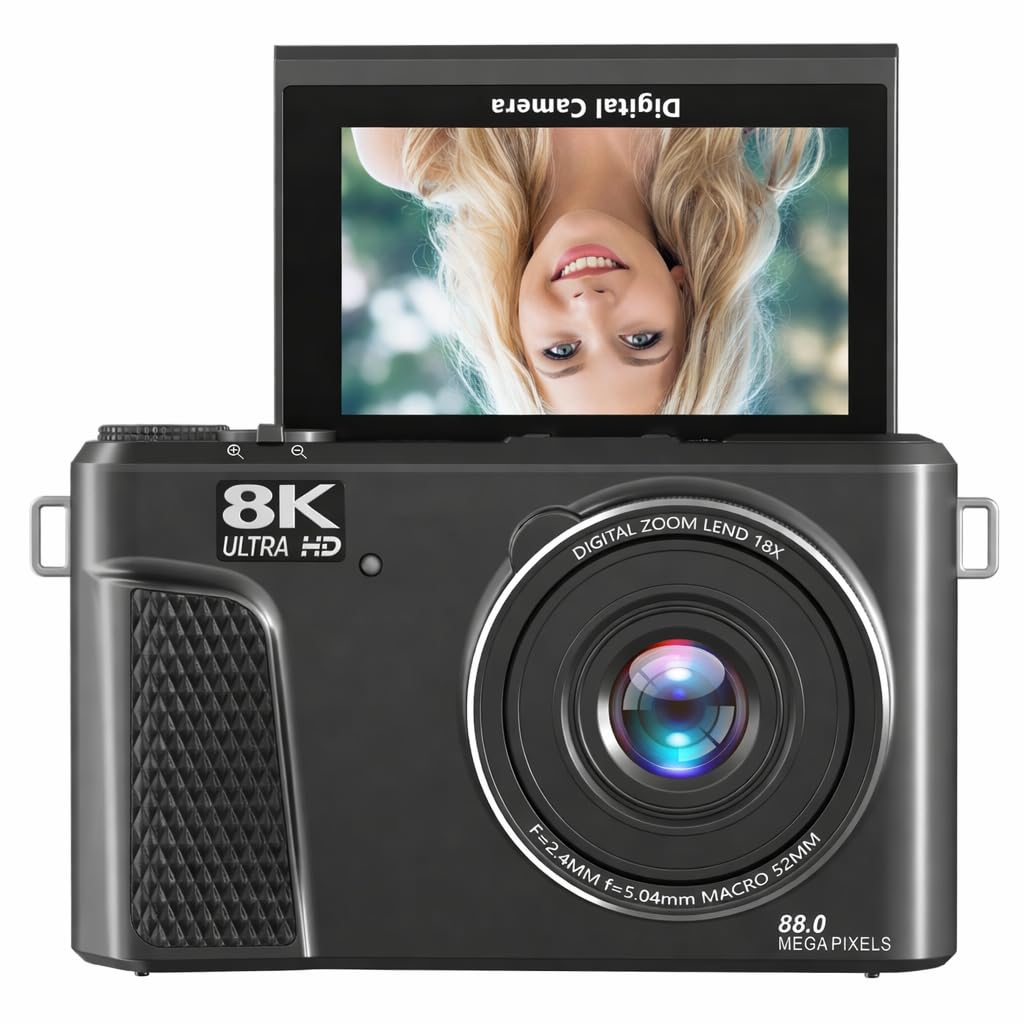 Vikye Fotocamera Digitale 8K per Fotografia, Fotocamera per Vlogging da 88 MP per Principianti in Viaggio con Schermo Ribaltabile a 180° da 3", Fotocamere Compatte da Viaggio 18X (BLACK)