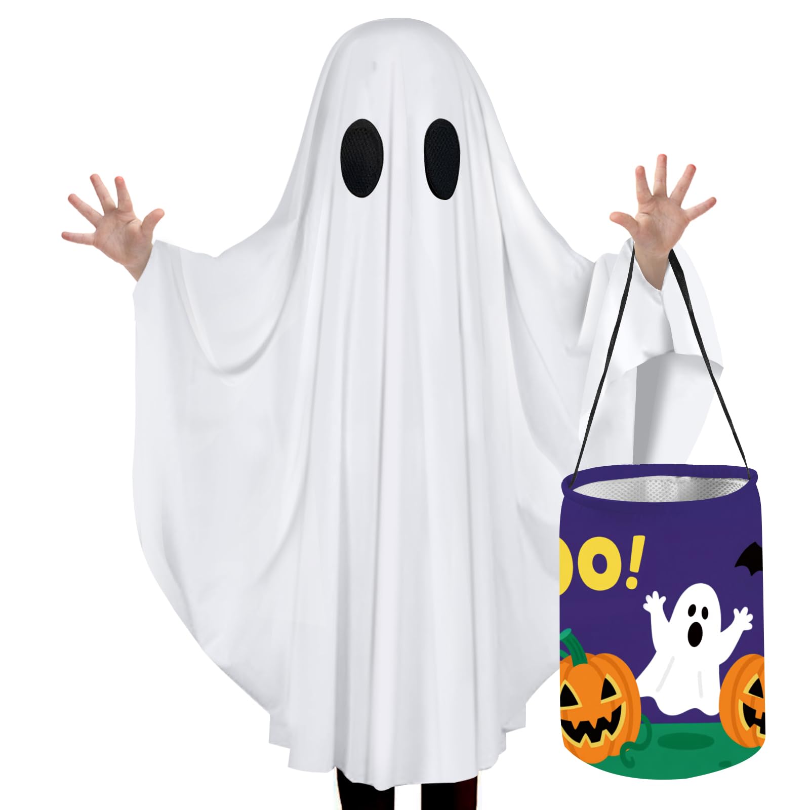 YZNlife Unisex Ghost Costume Kids Halloween Costumes for kids Boy Girls White Boo Ghost Cloak Child Spooky Trick-or-Treating,Large