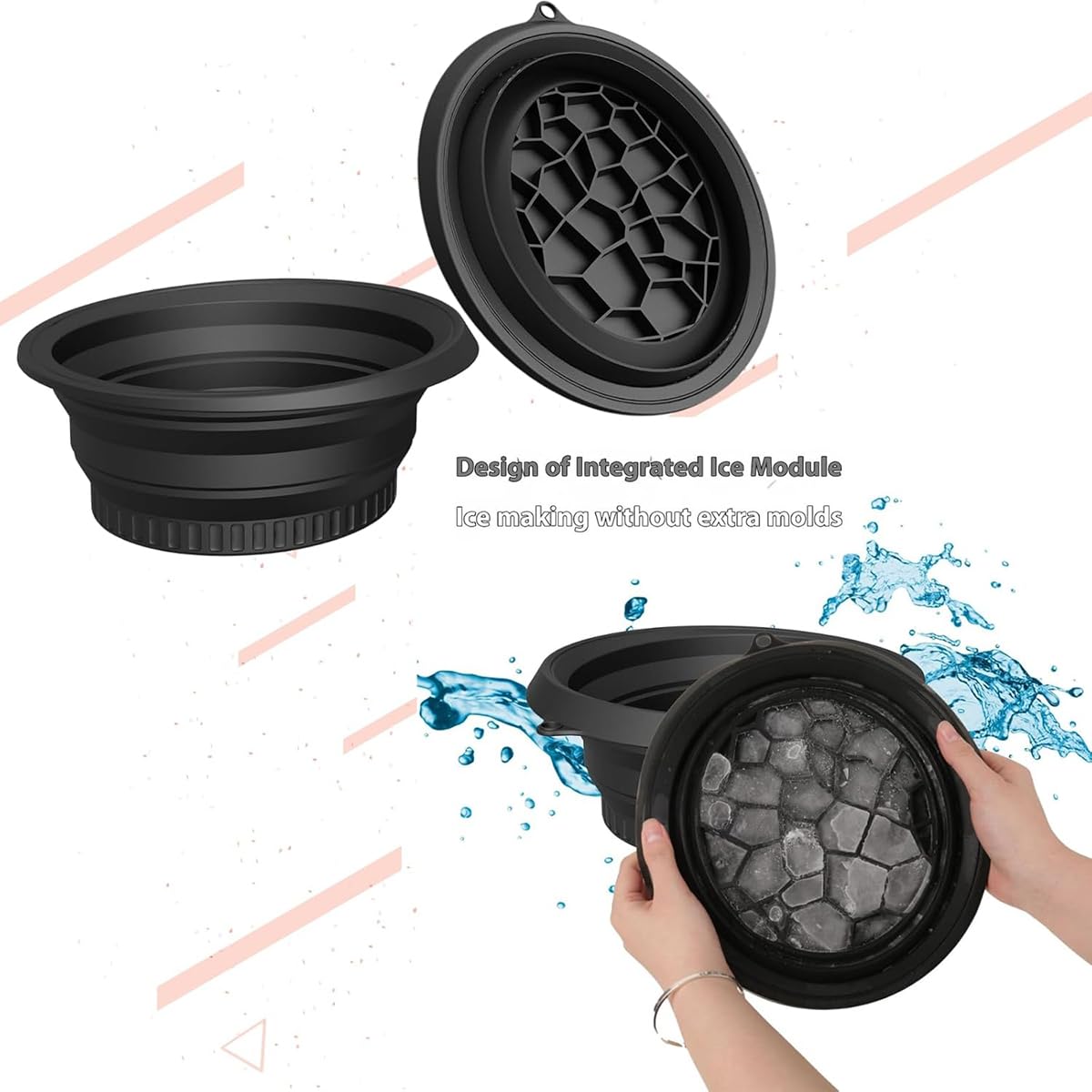 Icetray - Cuenco facial para hielo de enfriamiento rápido, plegable, herramienta de belleza cosmética, portátil, para calmar la piel, reducir la hinchazón, uso doméstico (negro)