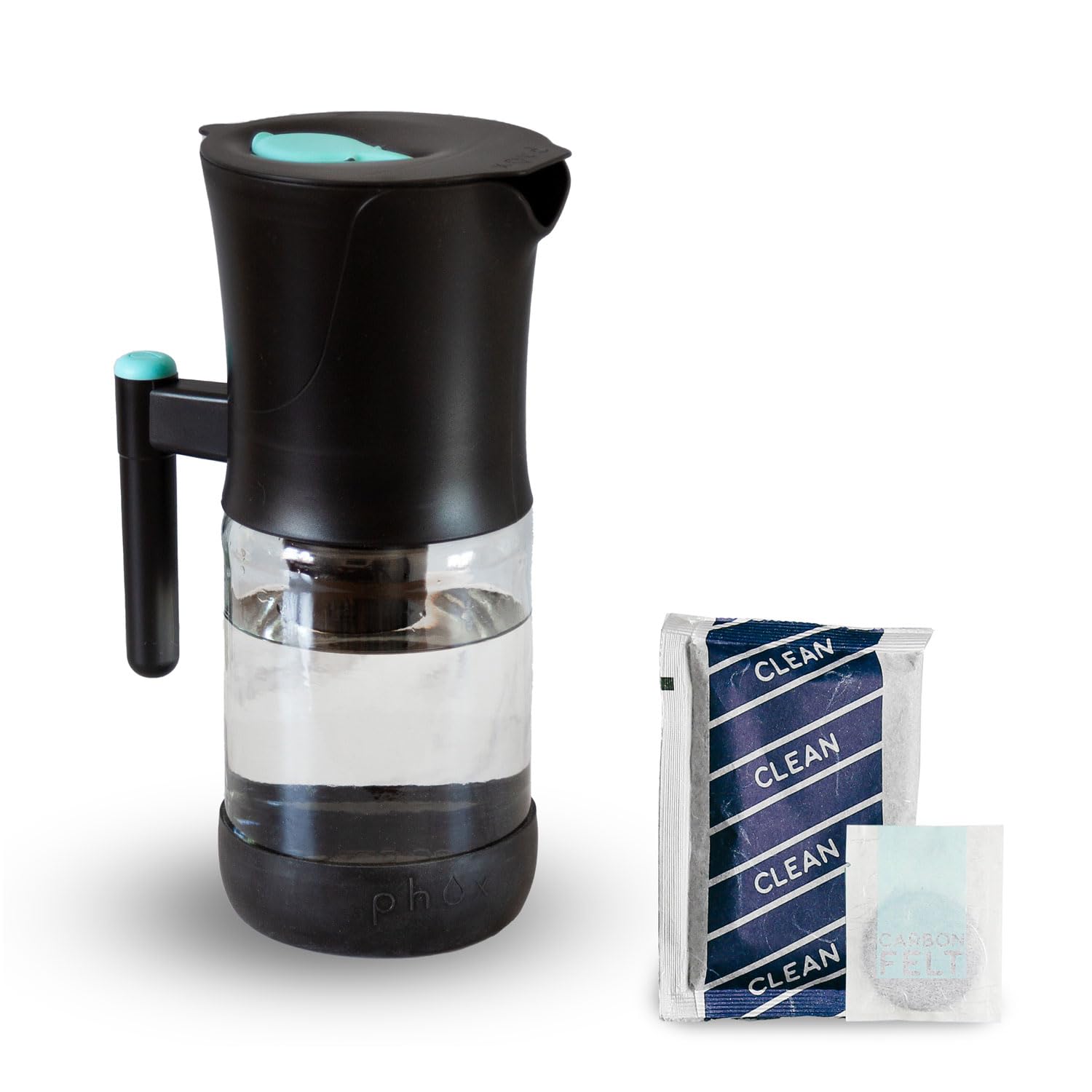 Phox V2 Water Filter | 9-Cup Glass Water Filter Pitcher and Refillable Eco Cartridge Cartridge | 30-Day Supply (Clean Pack)