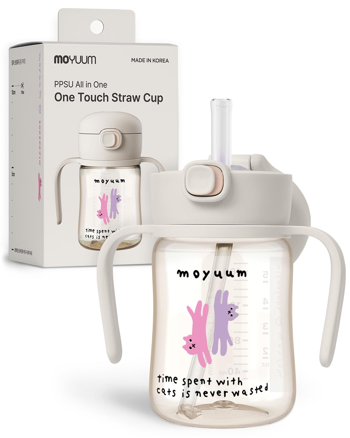MOYUUM Leak Proof Sippy Cup with Handle | Made in Korea, 100% BPA Free PPSU, Magic No Spill Straw Cup with Attached Flip Top Lid, Easy to Hold for