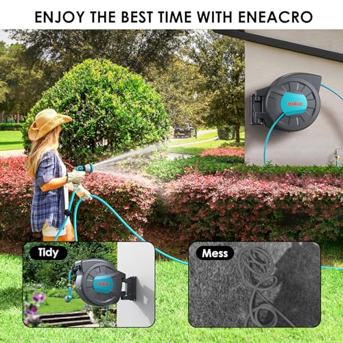 ENEACRO Retractable Garden Hose Reel with Wall Mount 1/2"×120ft with 10 Pattern Hose Nozzle, Brass Connector, Auto Rewind/Any Length Lock/ 180° Swivel Bracket, Ideal for Garden Watering