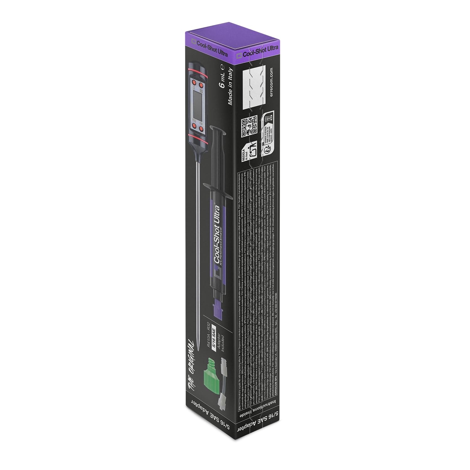 ERRECOM Cool-Shot Ultra Ripristina Efficienza Originale del Climatizzatore, Aria più Fredda, Include Termometro per Verifica Temperatura Prima e Dopo, Siringa 6mL +Adattatore 5/16 SAE (per R410a,R32)