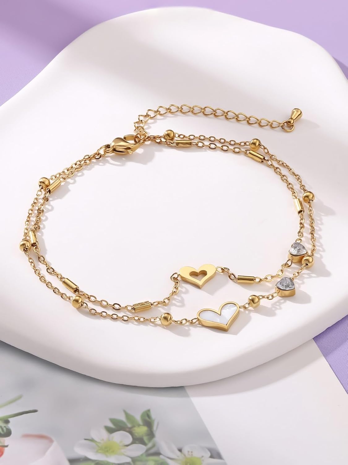 PiercingJ Heart CZ Anklet for Women 18k Gold Plated Double Layered Zirconia Ankle Chain Adjustable White Shell Bracelet Jewelry For Birthday, Christmas, Beach Party - Image 4