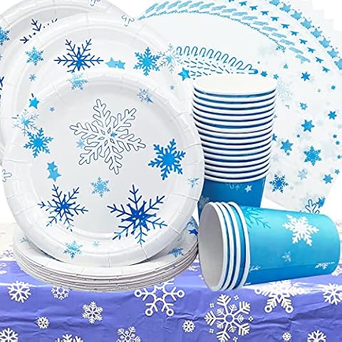 Doyomtoy 61 pieces snow party tableware, party tableware for snowflakes, winter wonderland party supplies, tableware for New Year, celebration, birthday, picnic, wedding (20 guests) Cover