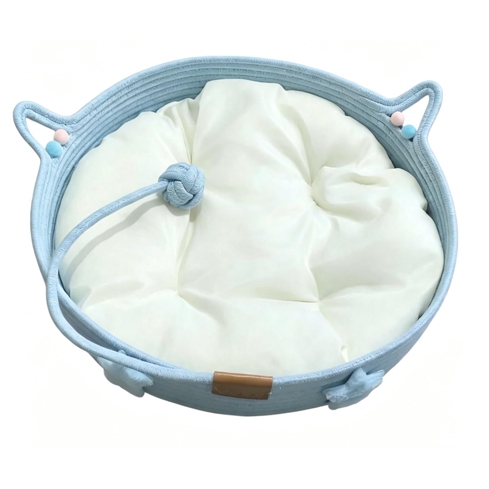 BIAOO Cotton-Woven Cat Bed Basket with a Play Ball for Cats, Year-Round Woven Rope Bed That Protects Your Living Room Furniture, 45 cm Diameter x 15 cm Height, Blue, with Cushion