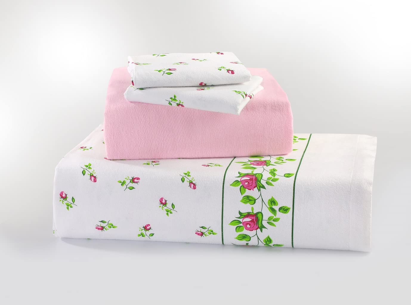 Nz Pink Rose Bud Floral Pattern Flannelette 100% Natural Brushed Cotton Thermal Fitted And Flat Sheet Set With Pillowcases (, King Size Sheet Set)