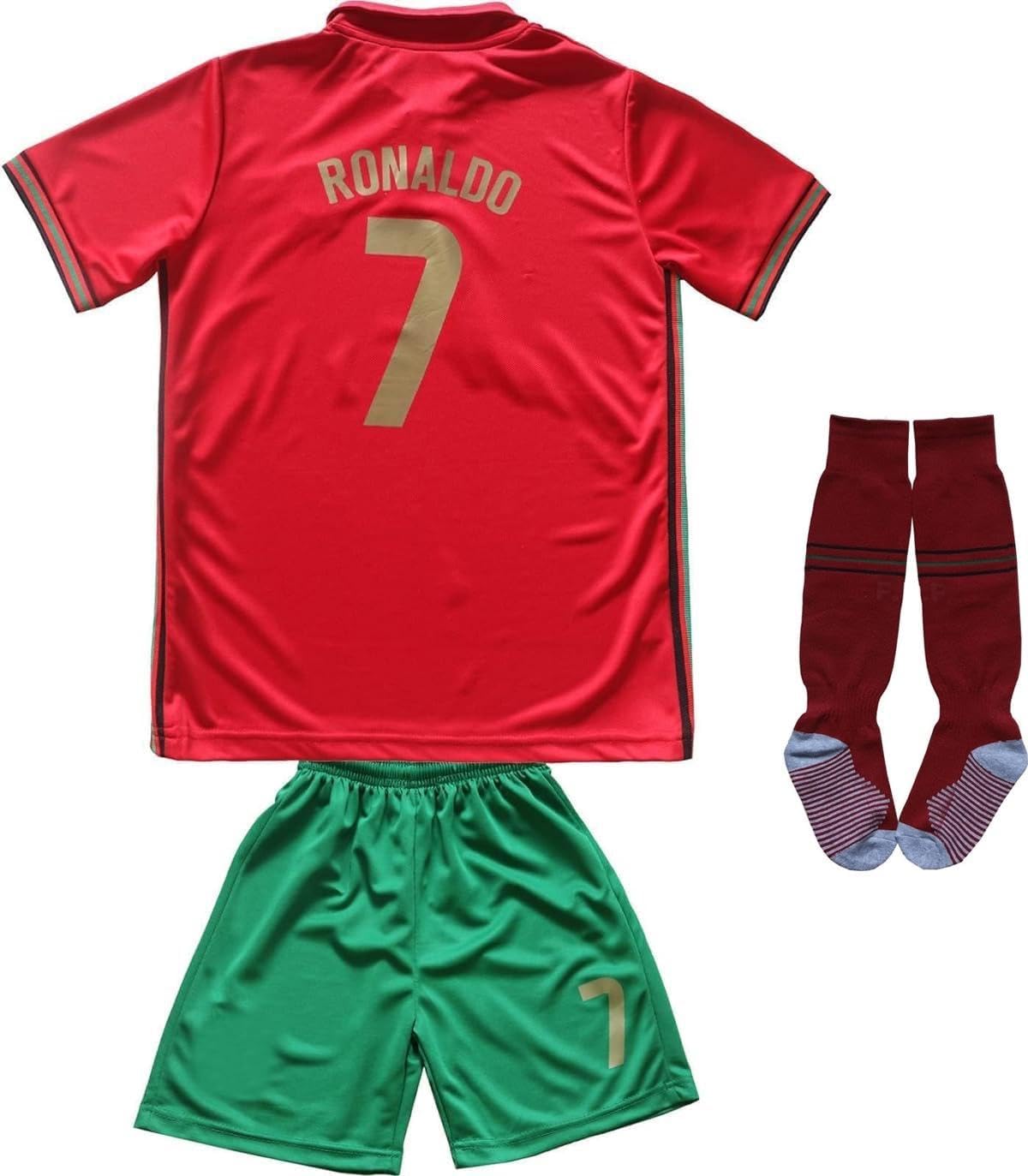 FPF#7 Ronaldo Kids Football Soccer Jersey/Shorts/Socks Kit Youth Sizes (Ronaldo Green, 28 (10-11 Years))
