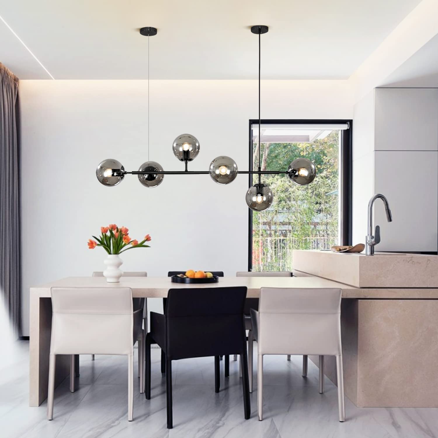 KCO Lampadario 6 Luci Grigio Fumo Sfere di Vetro 120cm Rettangolo Sputnik Lampadario a Sospensione Nero Lampadari Moderni per Soggiorno Camera da Letto Cucina